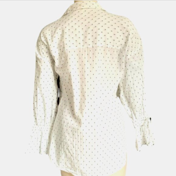 H&M Cream-White & Black Oval/Swiss Dot Blouse Long Bell Sleeve Sz XS #180A - Picture 3 of 7